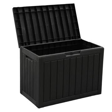 Olsen & Smith 170L Outdoor Garden Storage Box – Lockable Plastic Container Chest with Wood-Effect Panels, Weather-Resistant Patio Storage for Tools, Toys & Cushions – Black